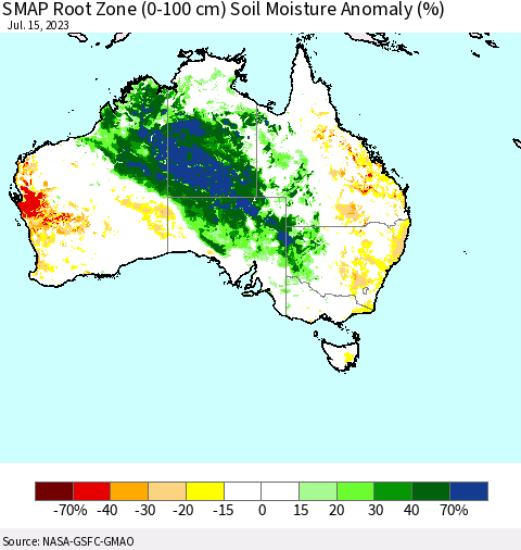 Australia SMAP Root Zone (0-100 cm) Soil Moisture Anomaly (%) Thematic Map For 7/11/2023 - 7/15/2023