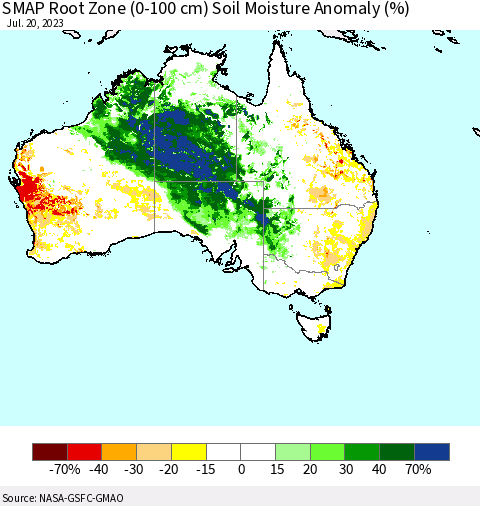Australia SMAP Root Zone (0-100 cm) Soil Moisture Anomaly (%) Thematic Map For 7/16/2023 - 7/20/2023