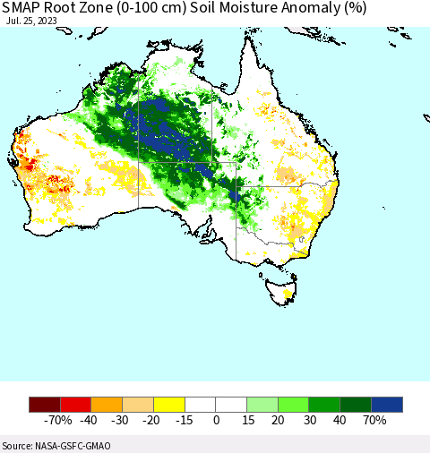 Australia SMAP Root Zone (0-100 cm) Soil Moisture Anomaly (%) Thematic Map For 7/21/2023 - 7/25/2023