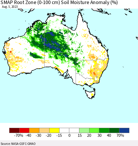 Australia SMAP Root Zone (0-100 cm) Soil Moisture Anomaly (%) Thematic Map For 8/1/2023 - 8/5/2023