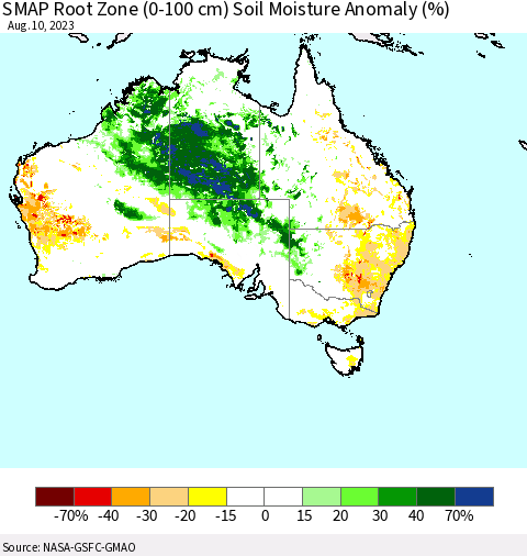 Australia SMAP Root Zone (0-100 cm) Soil Moisture Anomaly (%) Thematic Map For 8/6/2023 - 8/10/2023