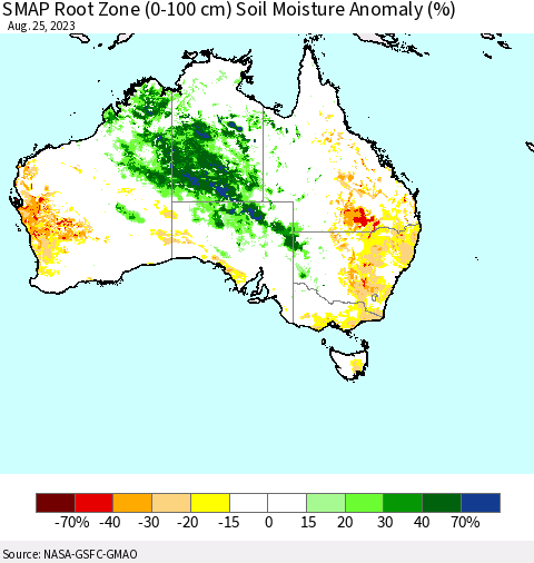 Australia SMAP Root Zone (0-100 cm) Soil Moisture Anomaly (%) Thematic Map For 8/21/2023 - 8/25/2023
