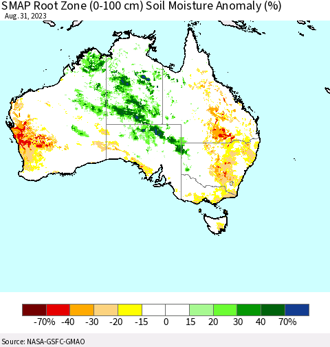 Australia SMAP Root Zone (0-100 cm) Soil Moisture Anomaly (%) Thematic Map For 8/26/2023 - 8/31/2023