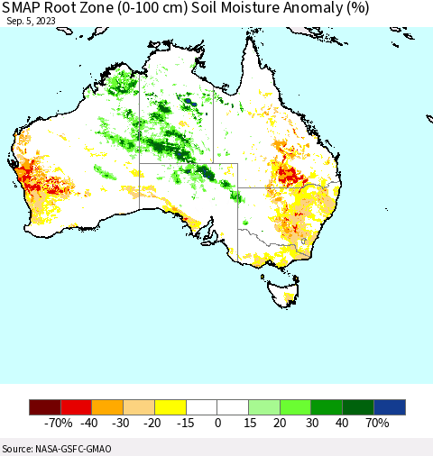 Australia SMAP Root Zone (0-100 cm) Soil Moisture Anomaly (%) Thematic Map For 9/1/2023 - 9/5/2023