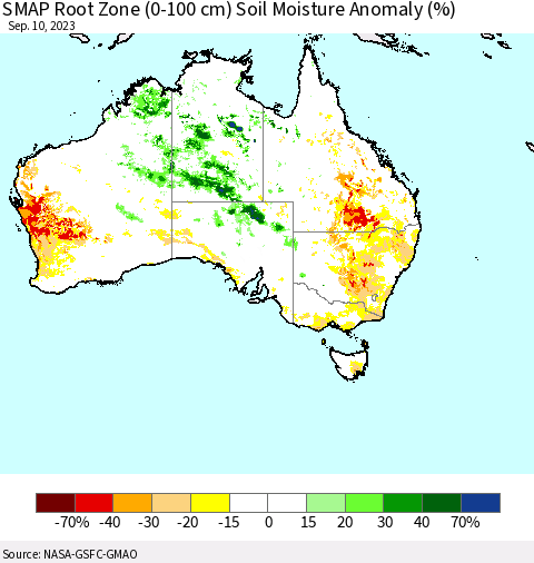 Australia SMAP Root Zone (0-100 cm) Soil Moisture Anomaly (%) Thematic Map For 9/6/2023 - 9/10/2023