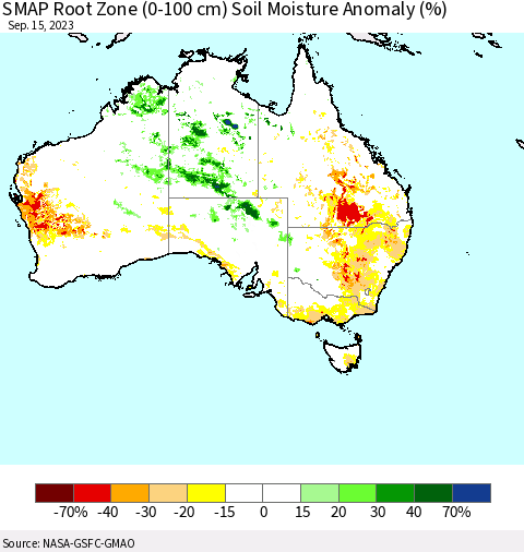 Australia SMAP Root Zone (0-100 cm) Soil Moisture Anomaly (%) Thematic Map For 9/11/2023 - 9/15/2023