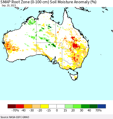 Australia SMAP Root Zone (0-100 cm) Soil Moisture Anomaly (%) Thematic Map For 9/16/2023 - 9/20/2023