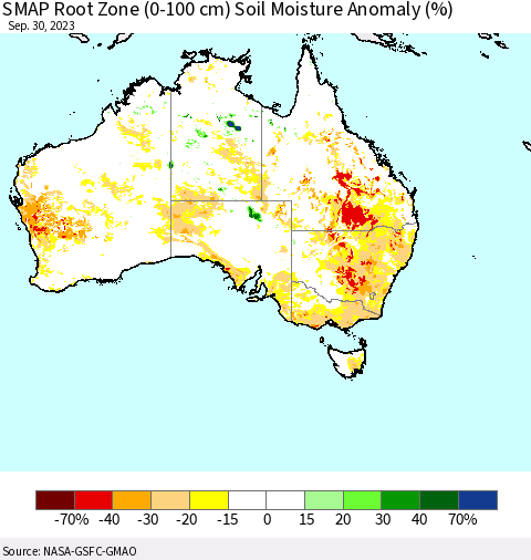 Australia SMAP Root Zone (0-100 cm) Soil Moisture Anomaly (%) Thematic Map For 9/26/2023 - 9/30/2023