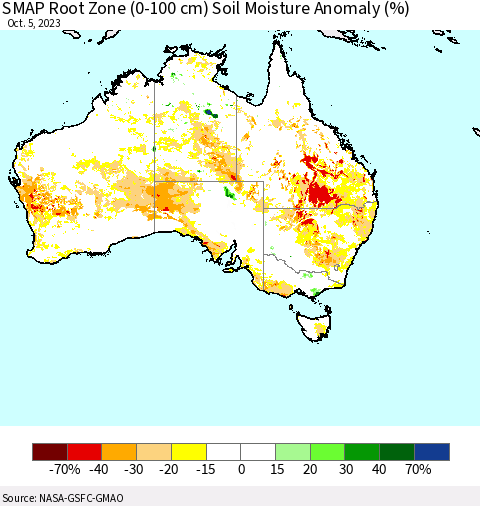 Australia SMAP Root Zone (0-100 cm) Soil Moisture Anomaly (%) Thematic Map For 10/1/2023 - 10/5/2023