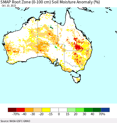 Australia SMAP Root Zone (0-100 cm) Soil Moisture Anomaly (%) Thematic Map For 10/6/2023 - 10/10/2023