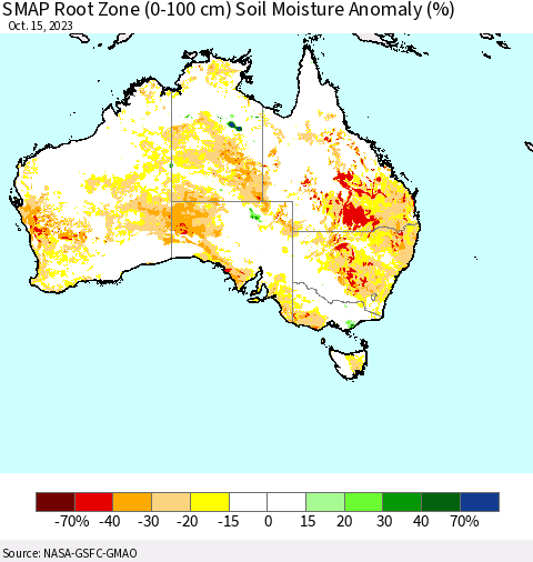 Australia SMAP Root Zone (0-100 cm) Soil Moisture Anomaly (%) Thematic Map For 10/11/2023 - 10/15/2023