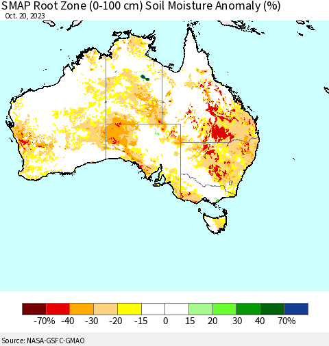 Australia SMAP Root Zone (0-100 cm) Soil Moisture Anomaly (%) Thematic Map For 10/16/2023 - 10/20/2023