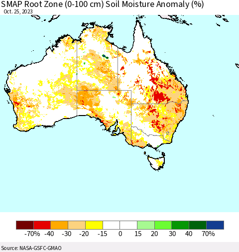 Australia SMAP Root Zone (0-100 cm) Soil Moisture Anomaly (%) Thematic Map For 10/21/2023 - 10/25/2023