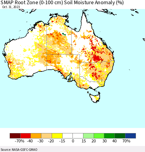 Australia SMAP Root Zone (0-100 cm) Soil Moisture Anomaly (%) Thematic Map For 10/26/2023 - 10/31/2023