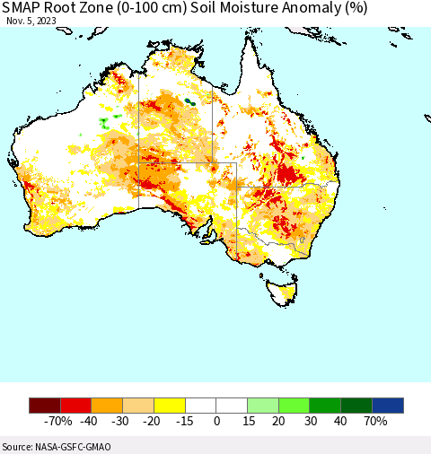 Australia SMAP Root Zone (0-100 cm) Soil Moisture Anomaly (%) Thematic Map For 11/1/2023 - 11/5/2023