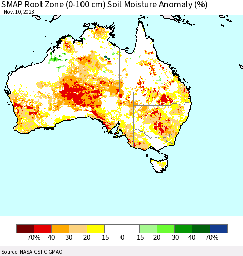 Australia SMAP Root Zone (0-100 cm) Soil Moisture Anomaly (%) Thematic Map For 11/6/2023 - 11/10/2023