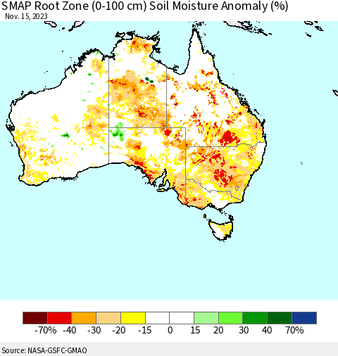 Australia SMAP Root Zone (0-100 cm) Soil Moisture Anomaly (%) Thematic Map For 11/11/2023 - 11/15/2023