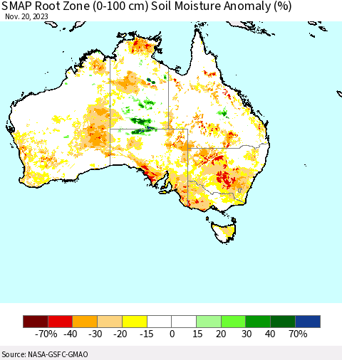 Australia SMAP Root Zone (0-100 cm) Soil Moisture Anomaly (%) Thematic Map For 11/16/2023 - 11/20/2023