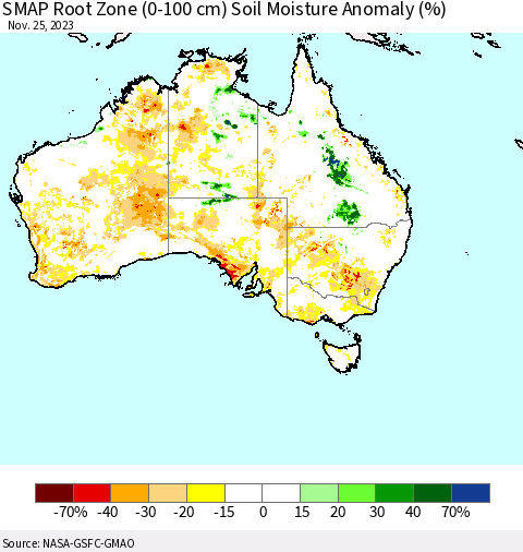 Australia SMAP Root Zone (0-100 cm) Soil Moisture Anomaly (%) Thematic Map For 11/21/2023 - 11/25/2023
