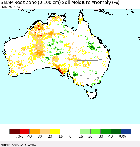 Australia SMAP Root Zone (0-100 cm) Soil Moisture Anomaly (%) Thematic Map For 11/26/2023 - 11/30/2023