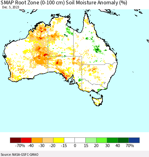 Australia SMAP Root Zone (0-100 cm) Soil Moisture Anomaly (%) Thematic Map For 12/1/2023 - 12/5/2023