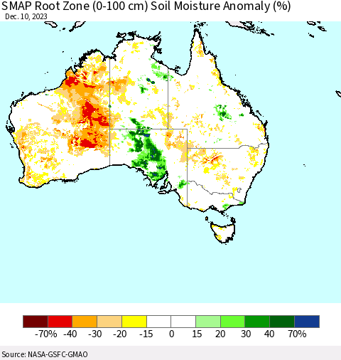 Australia SMAP Root Zone (0-100 cm) Soil Moisture Anomaly (%) Thematic Map For 12/6/2023 - 12/10/2023