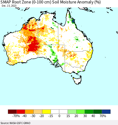 Australia SMAP Root Zone (0-100 cm) Soil Moisture Anomaly (%) Thematic Map For 12/11/2023 - 12/15/2023