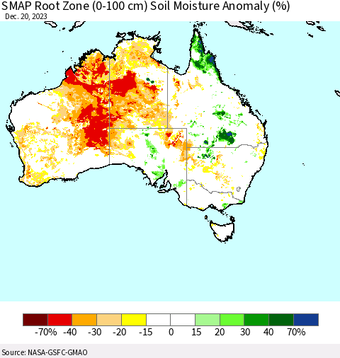 Australia SMAP Root Zone (0-100 cm) Soil Moisture Anomaly (%) Thematic Map For 12/16/2023 - 12/20/2023