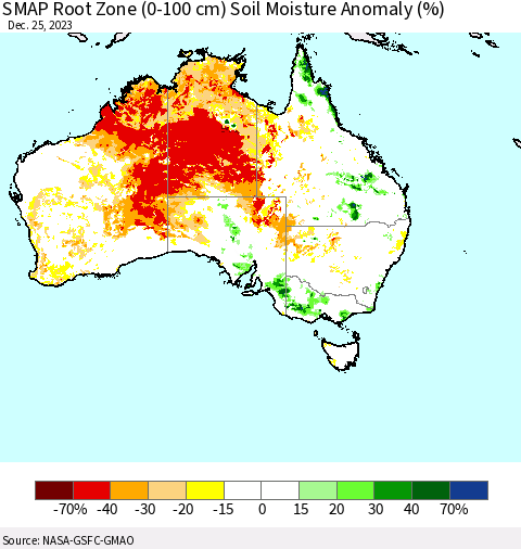 Australia SMAP Root Zone (0-100 cm) Soil Moisture Anomaly (%) Thematic Map For 12/21/2023 - 12/25/2023