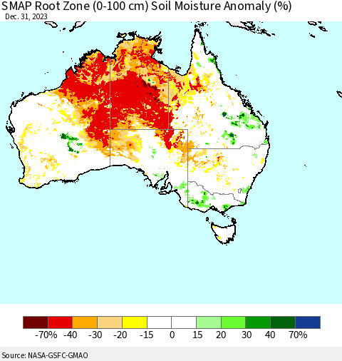 Australia SMAP Root Zone (0-100 cm) Soil Moisture Anomaly (%) Thematic Map For 12/26/2023 - 12/31/2023