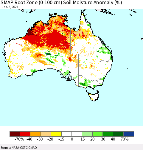 Australia SMAP Root Zone (0-100 cm) Soil Moisture Anomaly (%) Thematic Map For 1/1/2024 - 1/5/2024