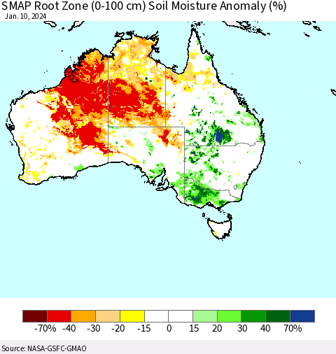 Australia SMAP Root Zone (0-100 cm) Soil Moisture Anomaly (%) Thematic Map For 1/6/2024 - 1/10/2024