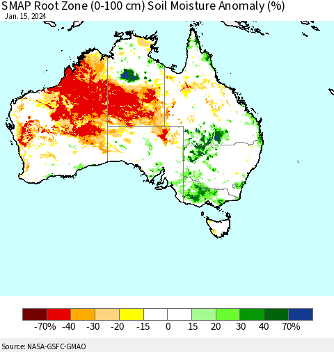 Australia SMAP Root Zone (0-100 cm) Soil Moisture Anomaly (%) Thematic Map For 1/11/2024 - 1/15/2024