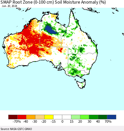 Australia SMAP Root Zone (0-100 cm) Soil Moisture Anomaly (%) Thematic Map For 1/16/2024 - 1/20/2024