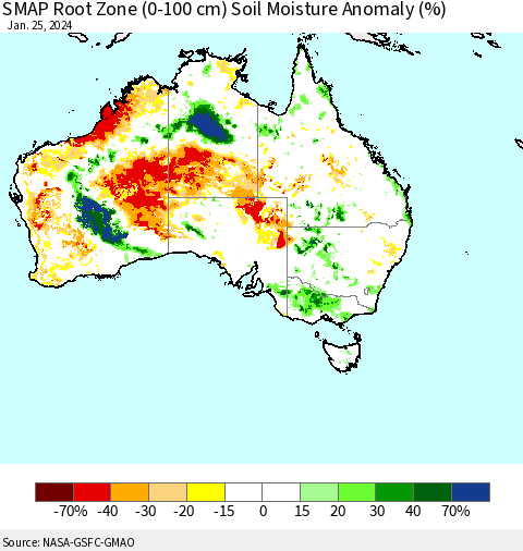 Australia SMAP Root Zone (0-100 cm) Soil Moisture Anomaly (%) Thematic Map For 1/21/2024 - 1/25/2024