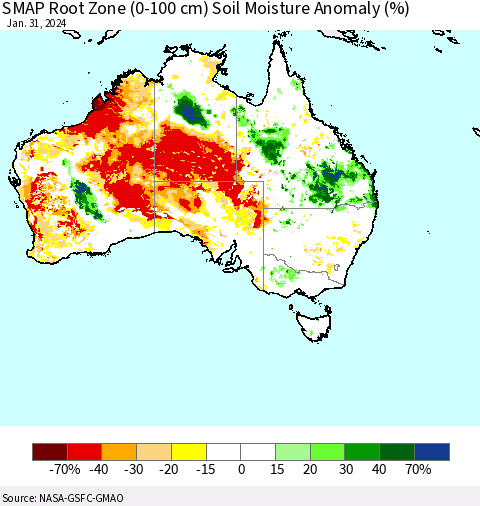 Australia SMAP Root Zone (0-100 cm) Soil Moisture Anomaly (%) Thematic Map For 1/26/2024 - 1/31/2024