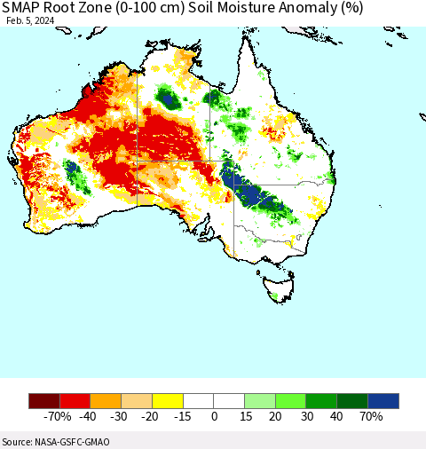 Australia SMAP Root Zone (0-100 cm) Soil Moisture Anomaly (%) Thematic Map For 2/1/2024 - 2/5/2024