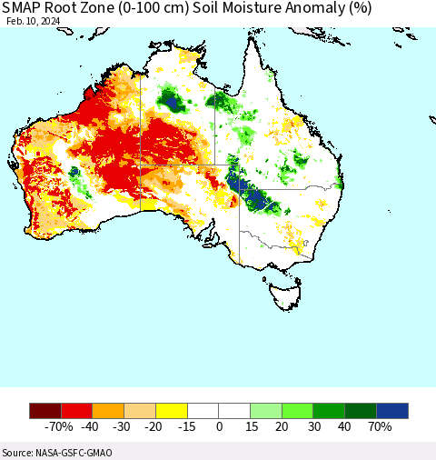 Australia SMAP Root Zone (0-100 cm) Soil Moisture Anomaly (%) Thematic Map For 2/6/2024 - 2/10/2024