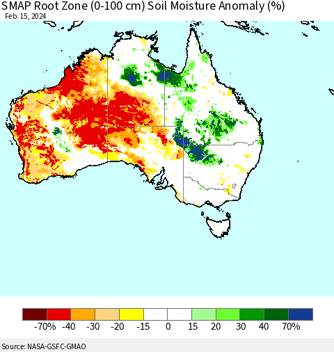 Australia SMAP Root Zone (0-100 cm) Soil Moisture Anomaly (%) Thematic Map For 2/11/2024 - 2/15/2024