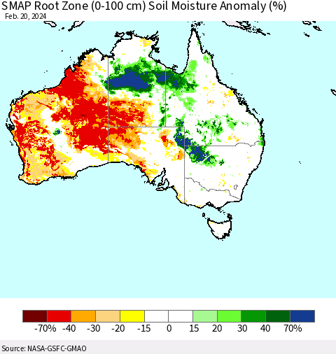 Australia SMAP Root Zone (0-100 cm) Soil Moisture Anomaly (%) Thematic Map For 2/16/2024 - 2/20/2024