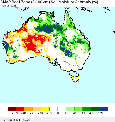 Australia SMAP Root Zone (0-100 cm) Soil Moisture Anomaly (%) Thematic Map For 2/21/2024 - 2/25/2024