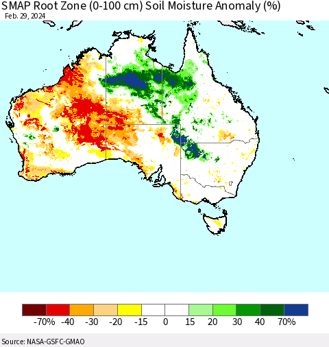 Australia SMAP Root Zone (0-100 cm) Soil Moisture Anomaly (%) Thematic Map For 2/26/2024 - 2/29/2024