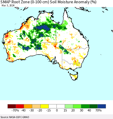 Australia SMAP Root Zone (0-100 cm) Soil Moisture Anomaly (%) Thematic Map For 3/1/2024 - 3/5/2024