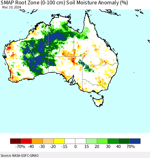 Australia SMAP Root Zone (0-100 cm) Soil Moisture Anomaly (%) Thematic Map For 3/6/2024 - 3/10/2024