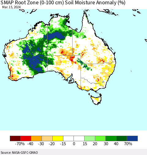 Australia SMAP Root Zone (0-100 cm) Soil Moisture Anomaly (%) Thematic Map For 3/11/2024 - 3/15/2024