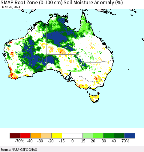 Australia SMAP Root Zone (0-100 cm) Soil Moisture Anomaly (%) Thematic Map For 3/16/2024 - 3/20/2024