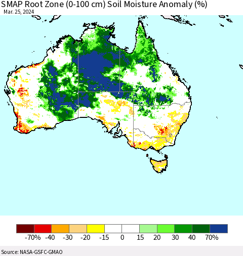 Australia SMAP Root Zone (0-100 cm) Soil Moisture Anomaly (%) Thematic Map For 3/21/2024 - 3/25/2024