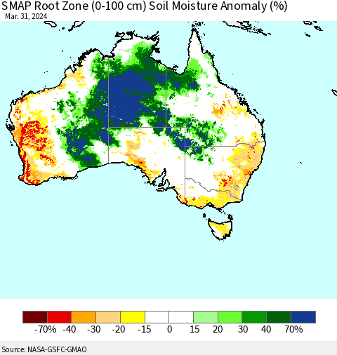 Australia SMAP Root Zone (0-100 cm) Soil Moisture Anomaly (%) Thematic Map For 3/26/2024 - 3/31/2024