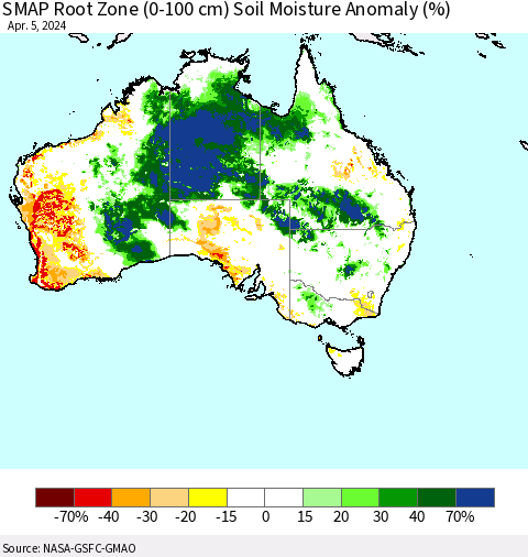 Australia SMAP Root Zone (0-100 cm) Soil Moisture Anomaly (%) Thematic Map For 4/1/2024 - 4/5/2024