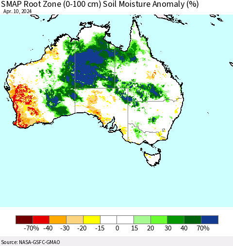 Australia SMAP Root Zone (0-100 cm) Soil Moisture Anomaly (%) Thematic Map For 4/6/2024 - 4/10/2024